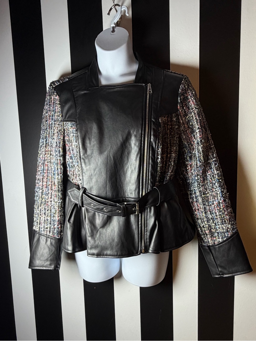 Women’s Black Faux Leather & Multicolor Tweed Belted Moto Jacket - SZ 14/16